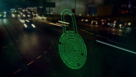 animation of fingerprint in padlock over time-lapse of moving vehicles on street in city