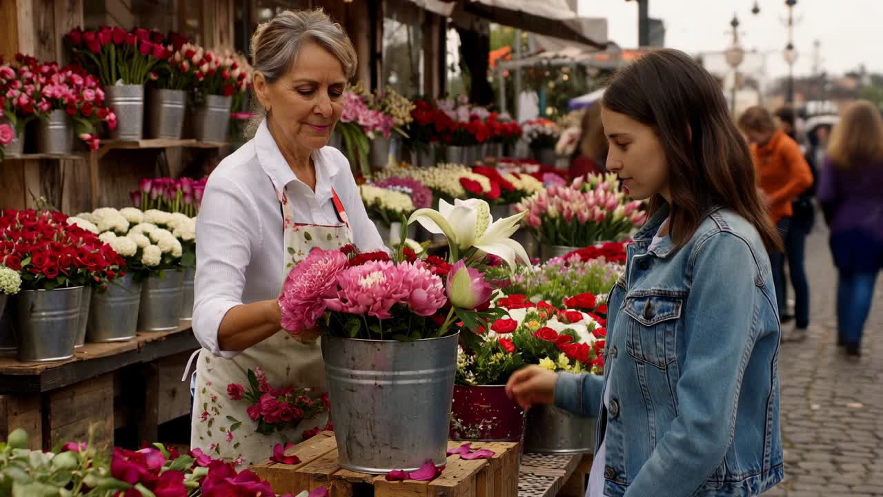 Denimklædt kunde rækker ud efter hvide liljer på markedet, mens sælgeren plukker pink stængler i spande