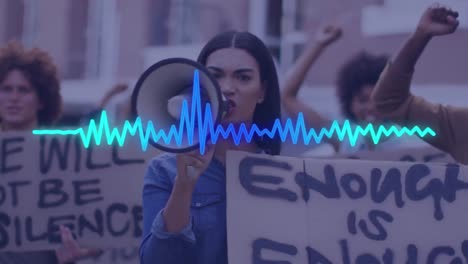 Animation-of-glowing-electric-line-over-woman-with-megaphone-during-demonstration