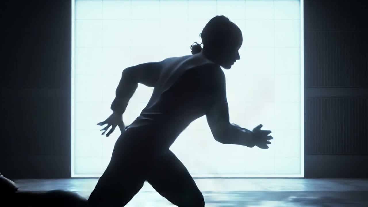 Driving backlit silhouette runner in activewear and shoes sprinting from low start in studio drill