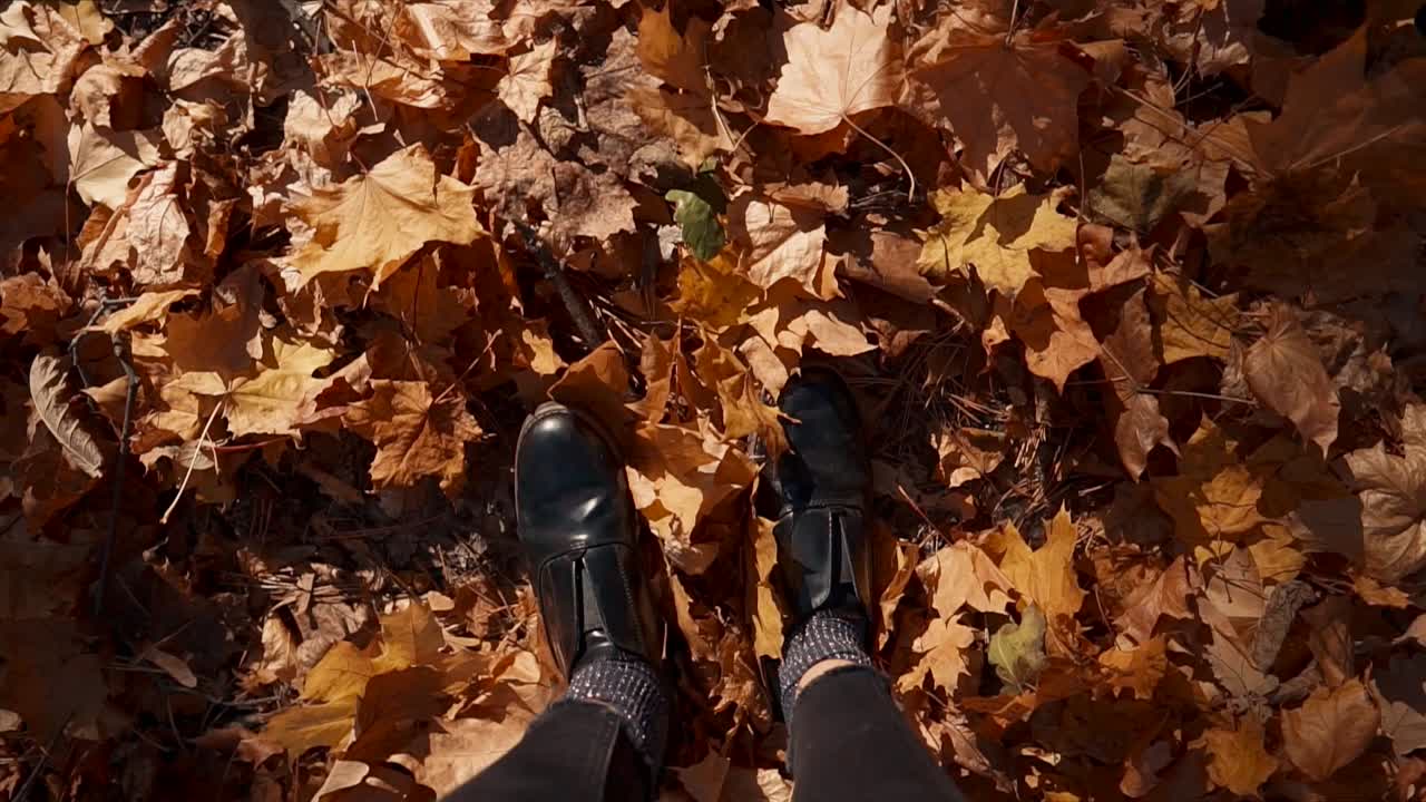 Person walking through autumn leaves