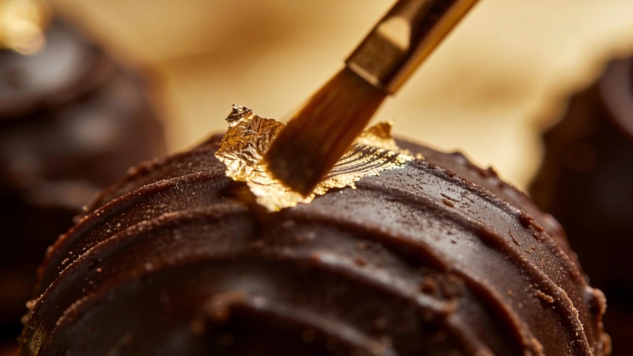 Pennello piatto che si avvicina per stendere e premere la foglia d'oro su un tartufo su carta da forno per la presentazione.