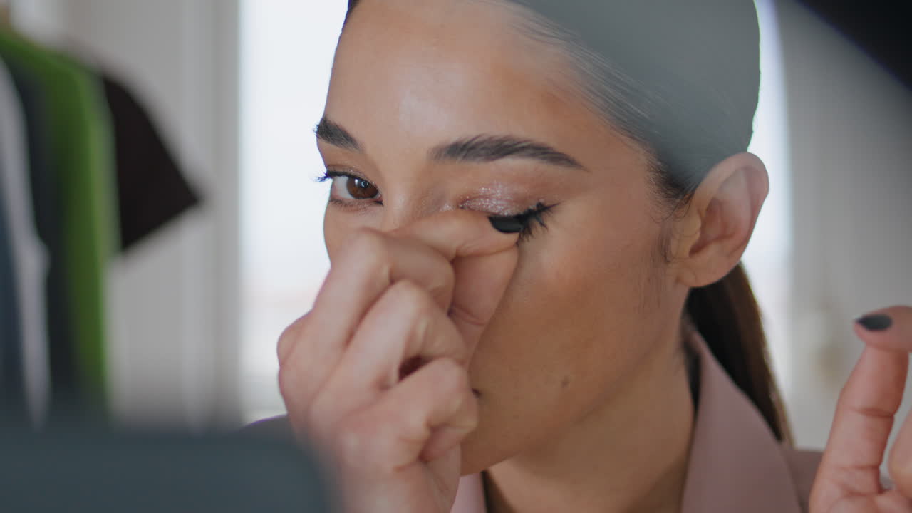 mujer enfocada aplicando maquillaje de pestañas en primer plano en el estudio. dama decorando los ojos