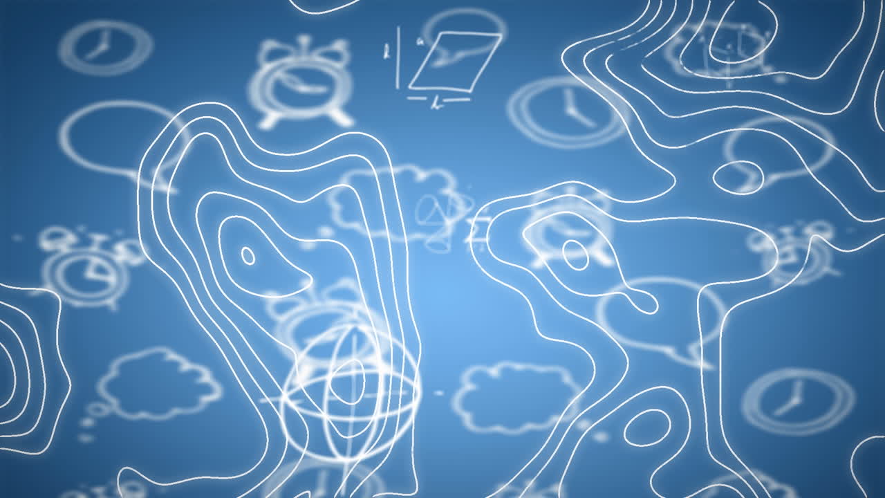 Animation of mathematical equations with clock icons and moving shapes on blue background