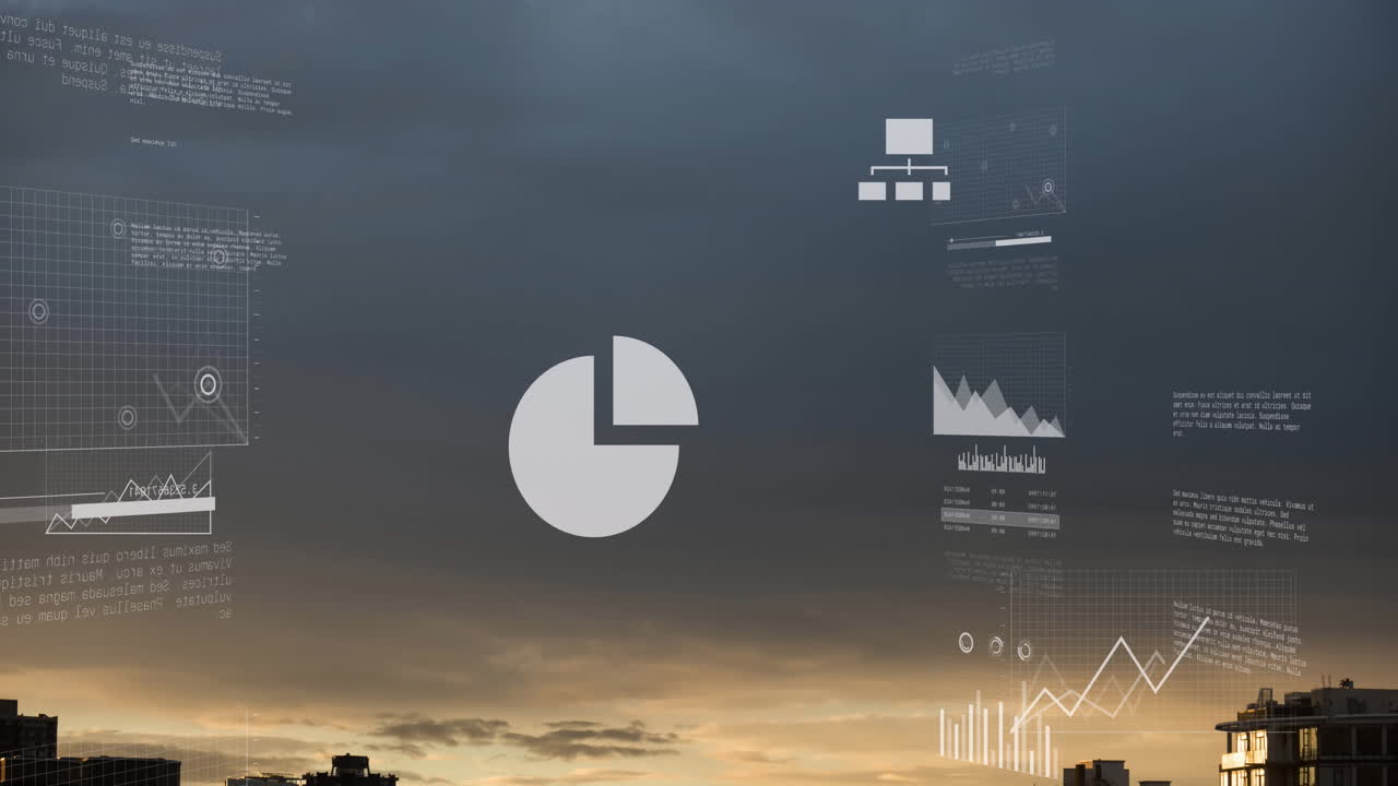 Animation of screens with statistical data processing against aerial view of cityscape and grey sky