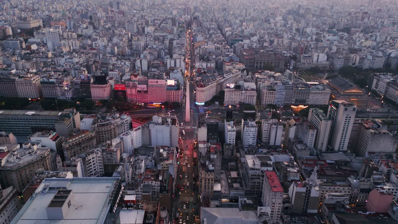 Aerial drone view at sunset of the iconic Obelisco in Buenos Aires, Argentina