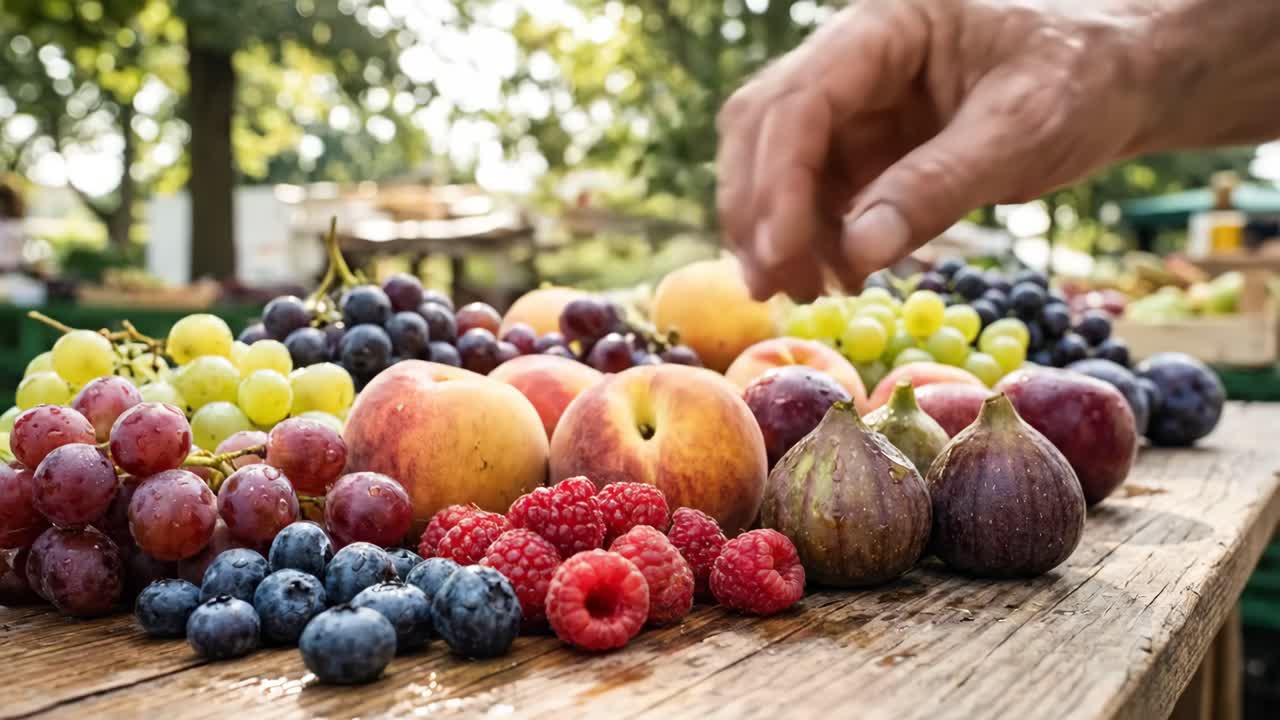 Frische Himbeeren aus einer Auswahl von Früchten auf dem Markt pflücken