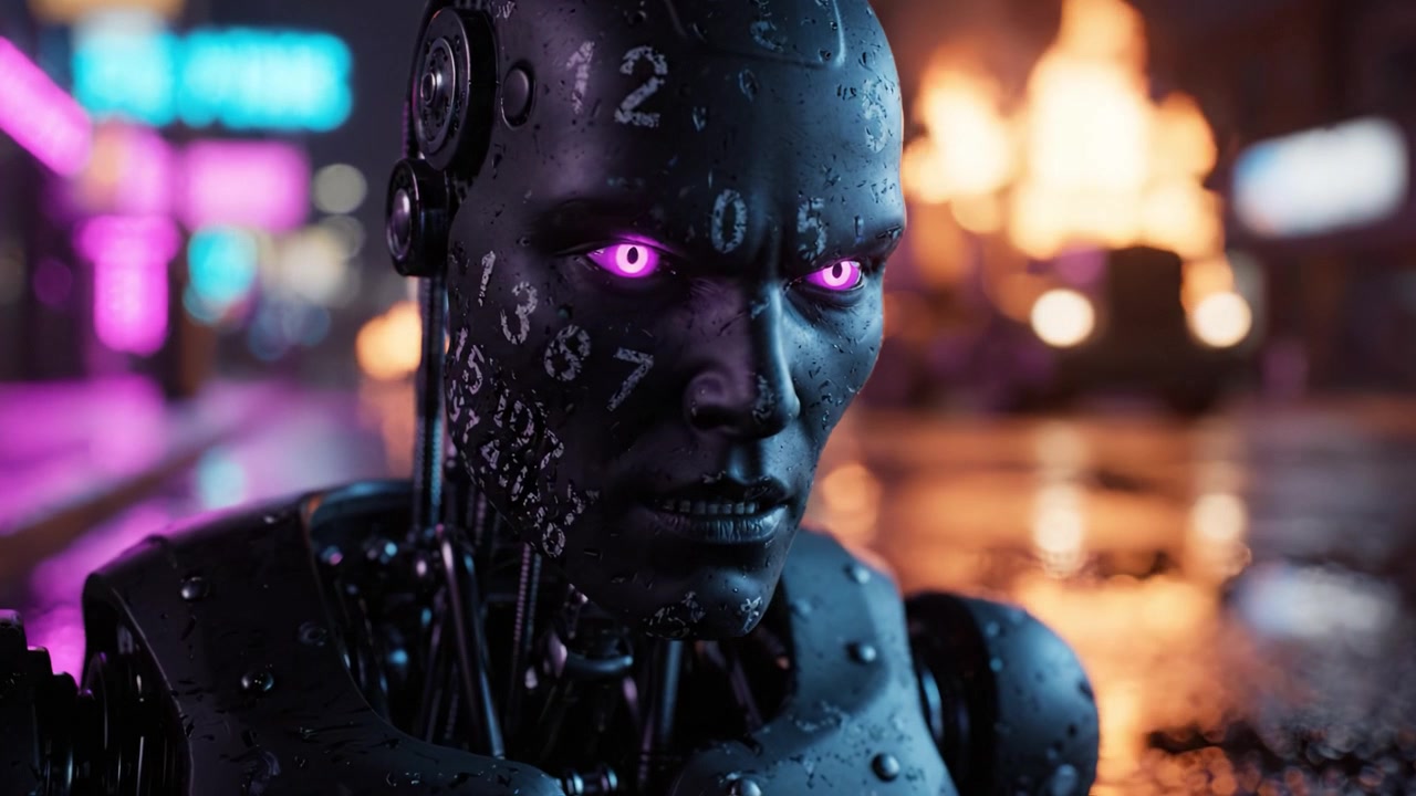 Una figura robótica futurista se encuentra en un paisaje urbano empapado por la lluvia, iluminada por luces de neón y el resplandor de un fuego distante, mostrando tecnología avanzada y arte