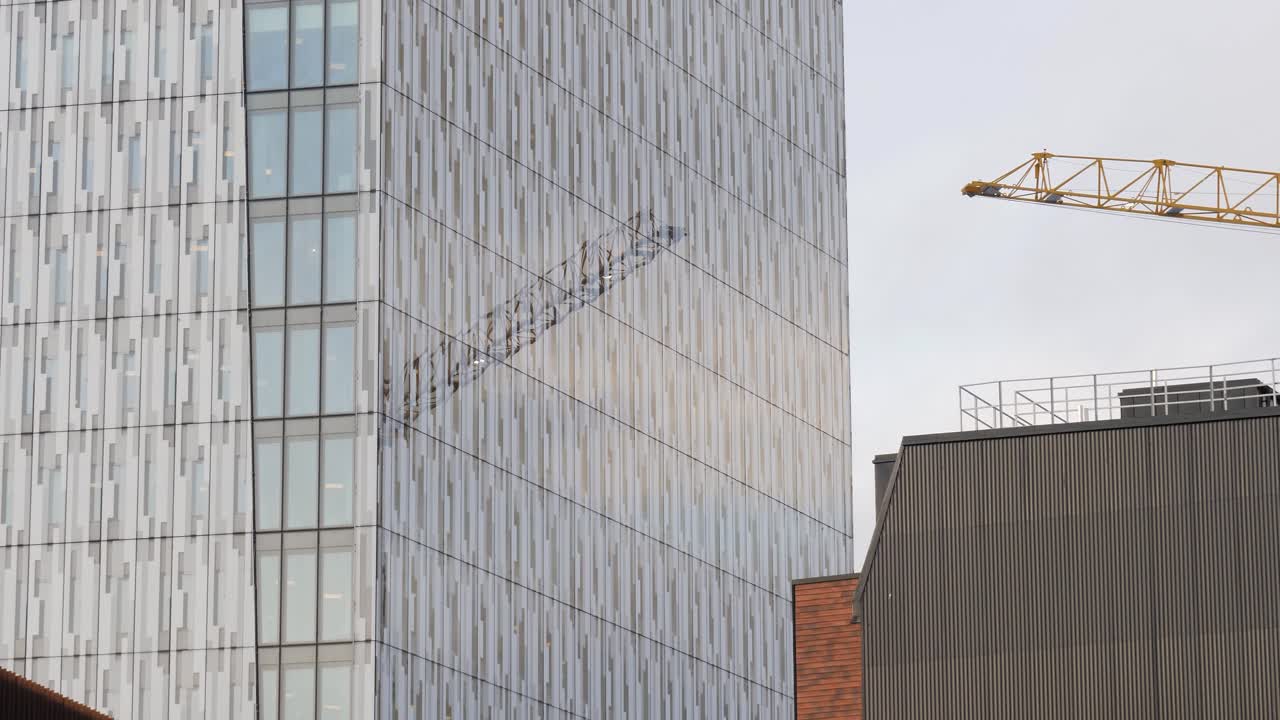 Modern Facade Of A Building In Gamlestaden Urban District Of Gothenburg, Sweden. Aerial Close-up Shot