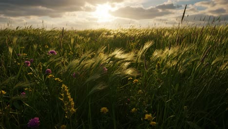 serene sunset over a lush meadow: a captivating scene of grasses and wildflowers basking in the golden glow of nature's breathtaking beauty