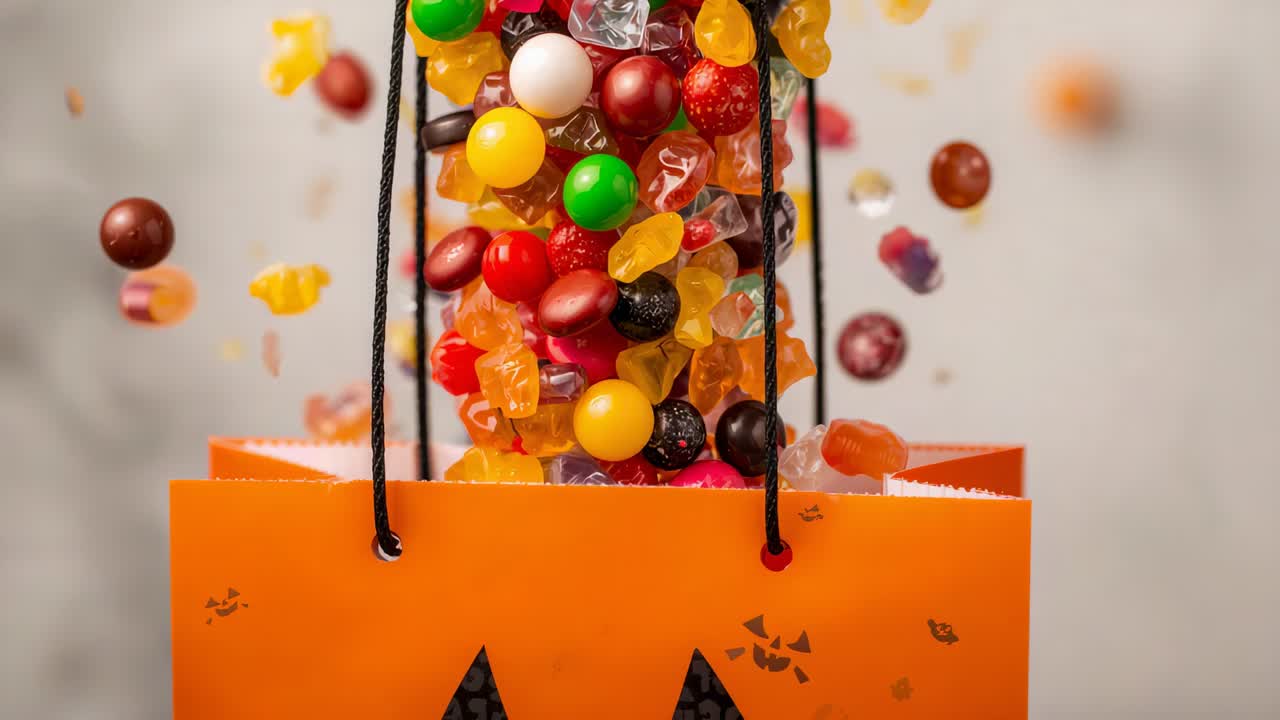 Tilting clear container pouring colorful candies into orange jack-o'-lantern bag in gray studio