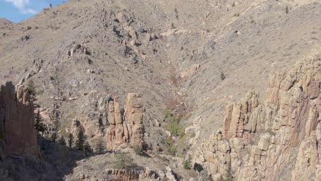Establishing-aerial-view-of-a-popular-outdoor-rock-climbing-spot-in-Colorado's-Rocky-Mountains
