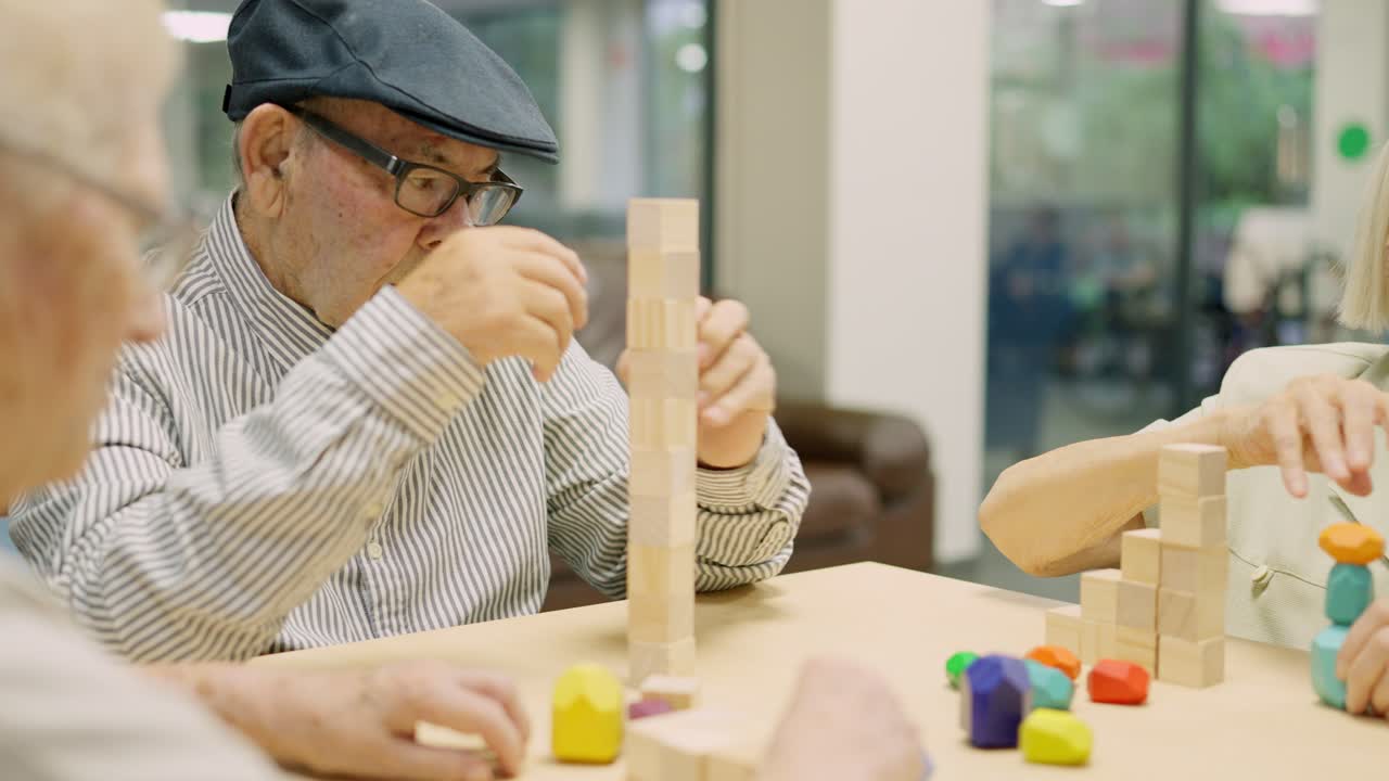 Seniors Playing with Wooden Blocks