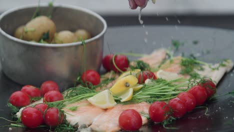 delicious grilled salmon with cherry tomatoes and dill