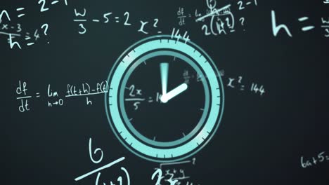 Animation-of-clock-over-mathematical-equations-on-green-background