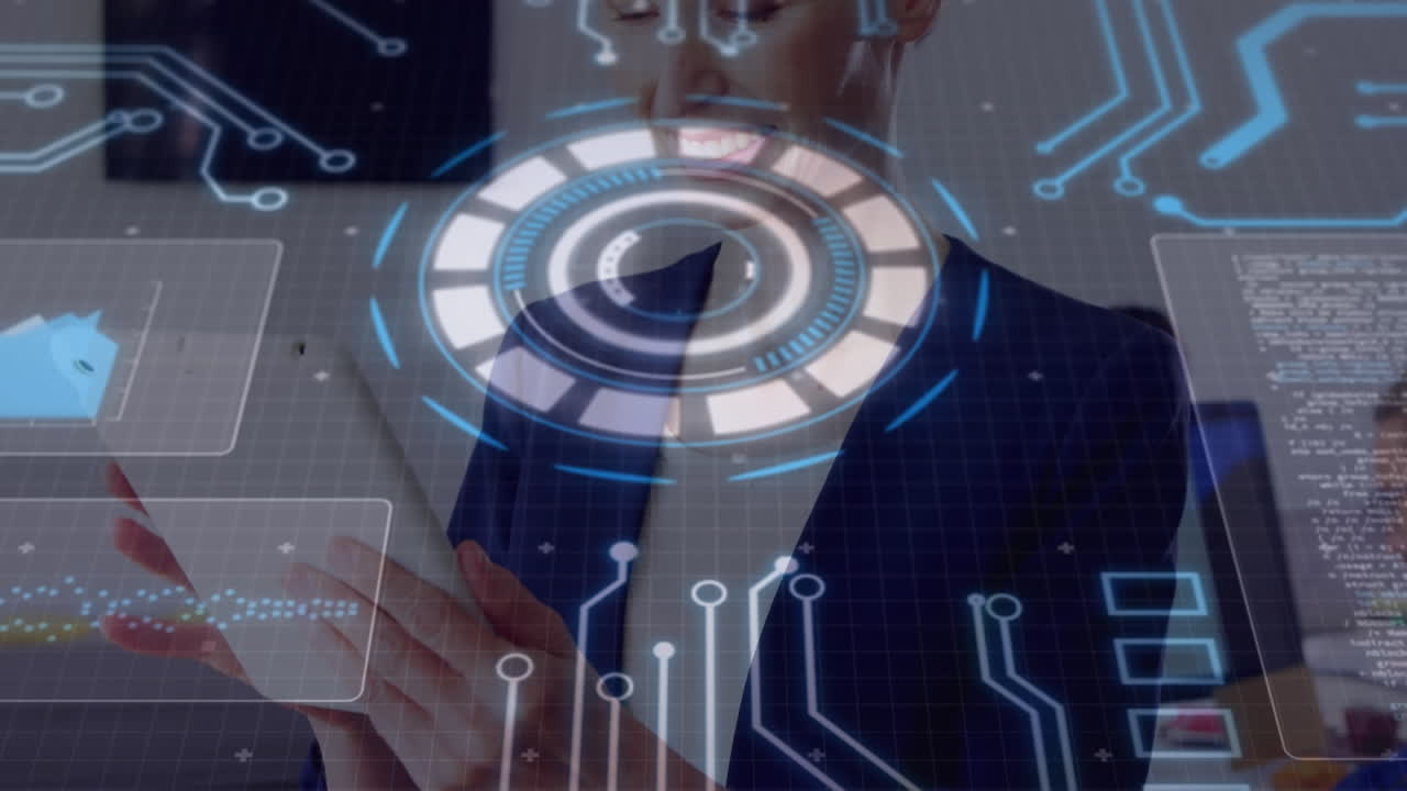 Animation of glowing circular scanner rotating with circuitboard, over businesswoman using tablet