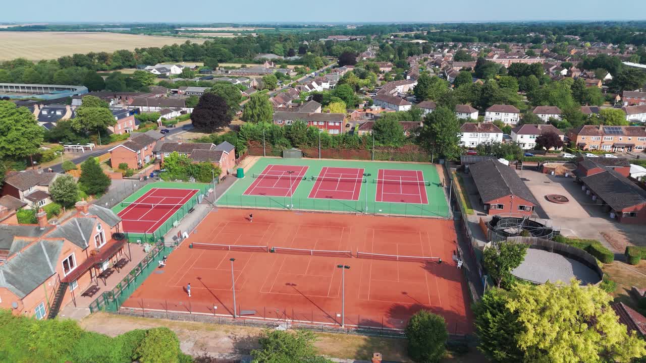 Tennis pitch field synthetic sport centre Newmarket England aerial drone United Kingdom