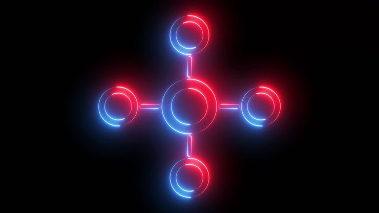 Abstract Neon Glowing Circles Connecting on Black Background