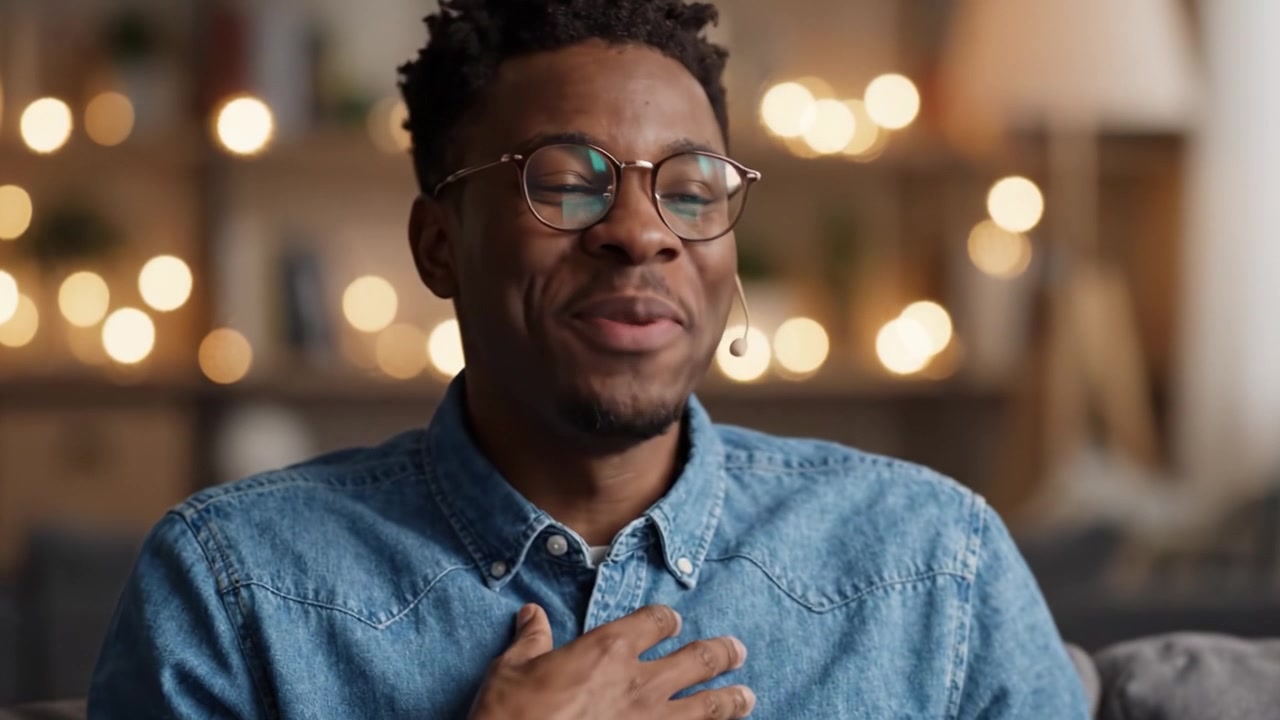 A joyful man in a cozy setting expresses happiness and engagement, showcasing a genuine smile and enthusiasm in a light-filled environment while interacting with the camera.