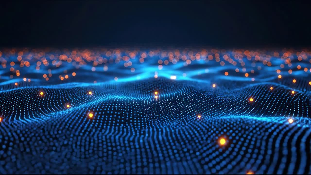 Aerial view of glowing blue and orange digital waves, creating a futuristic video effect