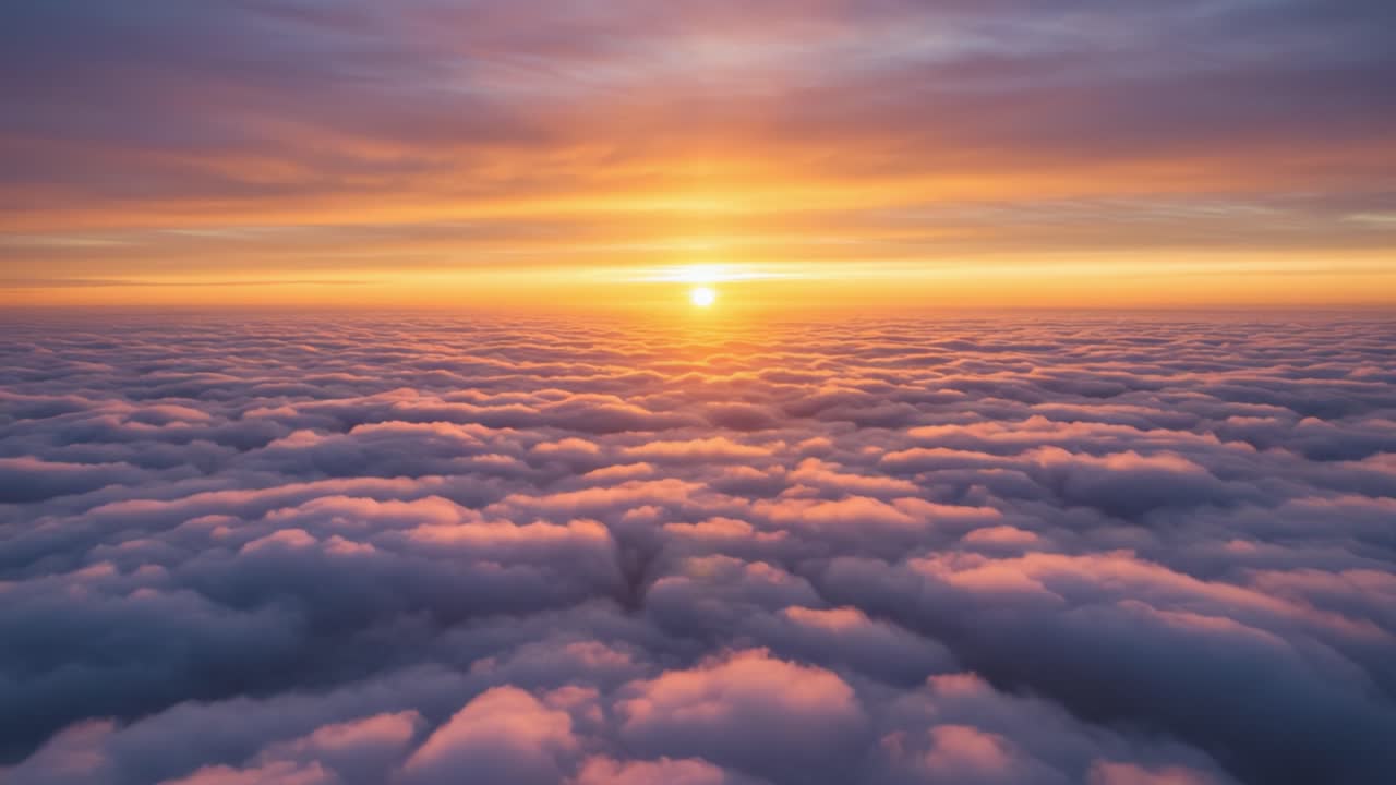 Una vista mozzafiato del tramonto sopra le nuvole, che cattura la bellezza eterea dell'orizzonte mentre il giorno si trasforma in notte con sfumature d'oro e viola.