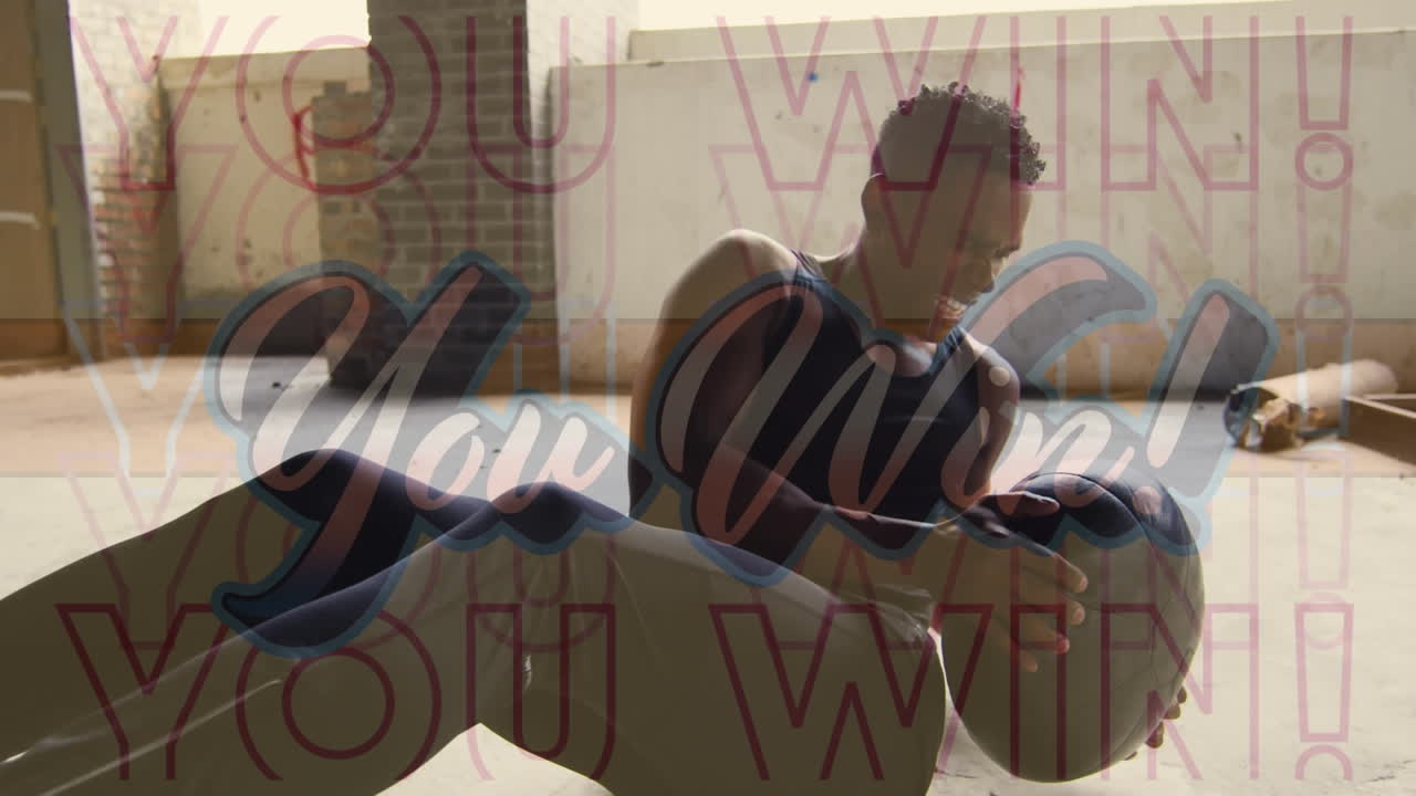 composición digital de usted ganar texto contra el hombre trabajando con la pelota de medicina