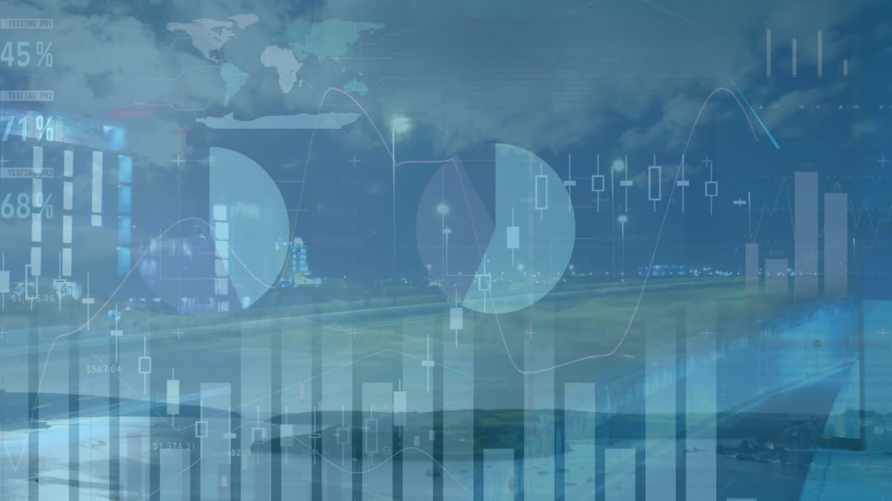 Animation of data financial processing over cityscape