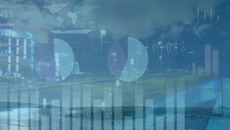 animation of data financial processing over cityscape