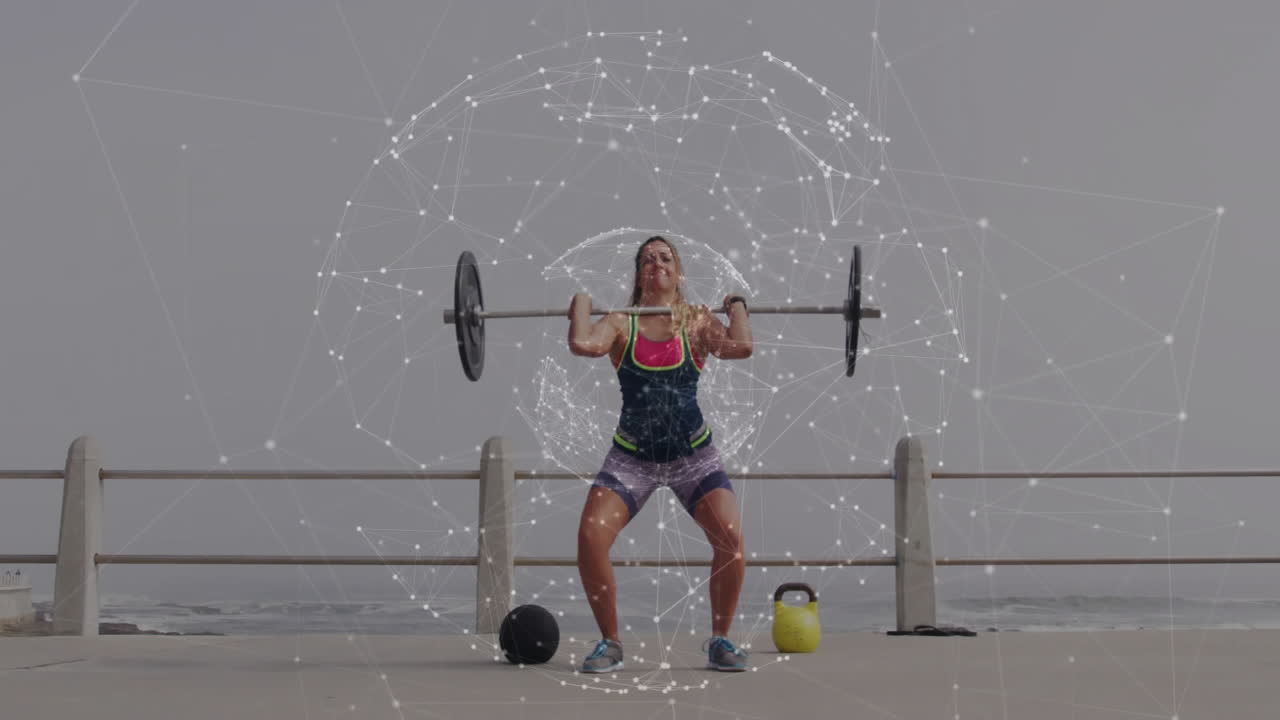 바벨을 들어 올리는 여성, 네트워크 연결을 통해 운동하는 여성 애니메이션