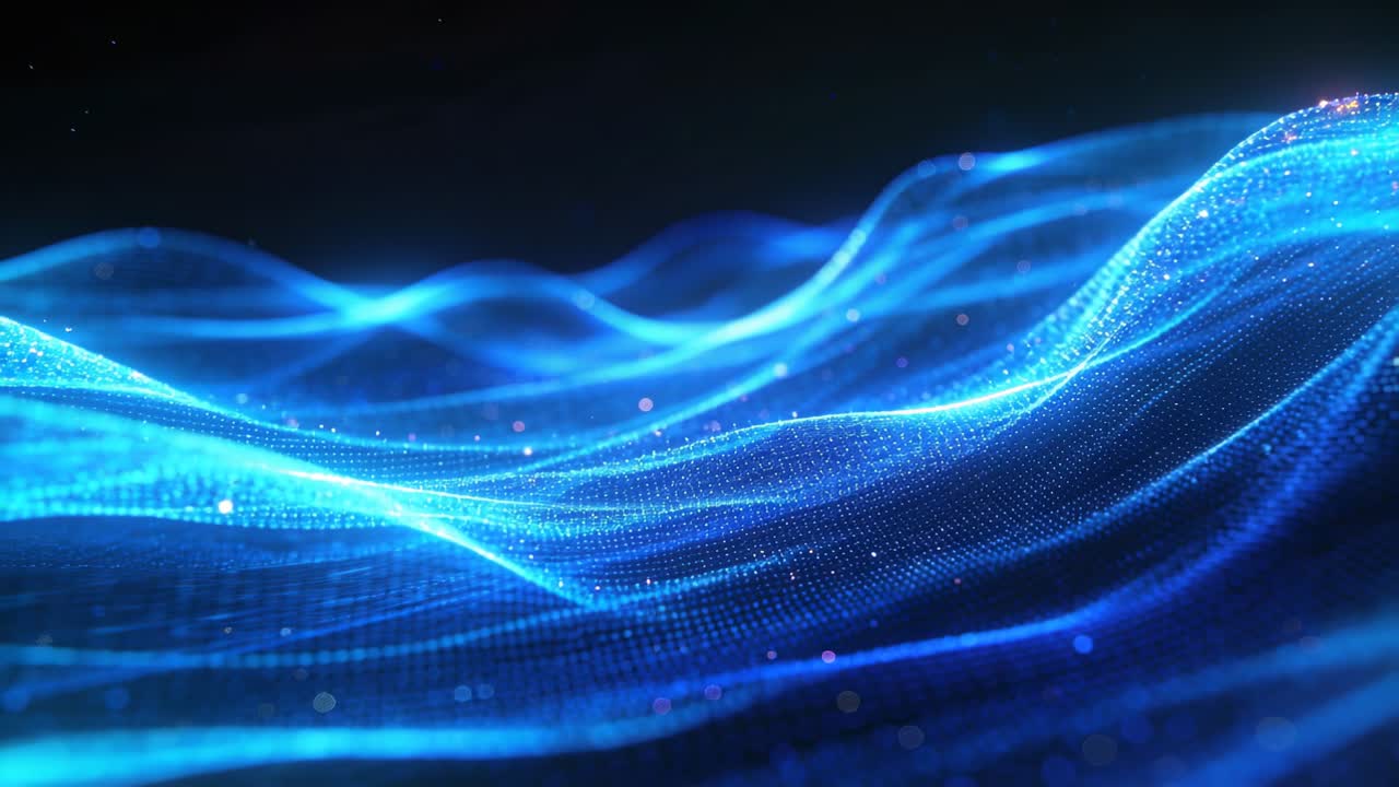 Loop starting, glowing blue mesh rippling right over dark void, emitting drifting particles