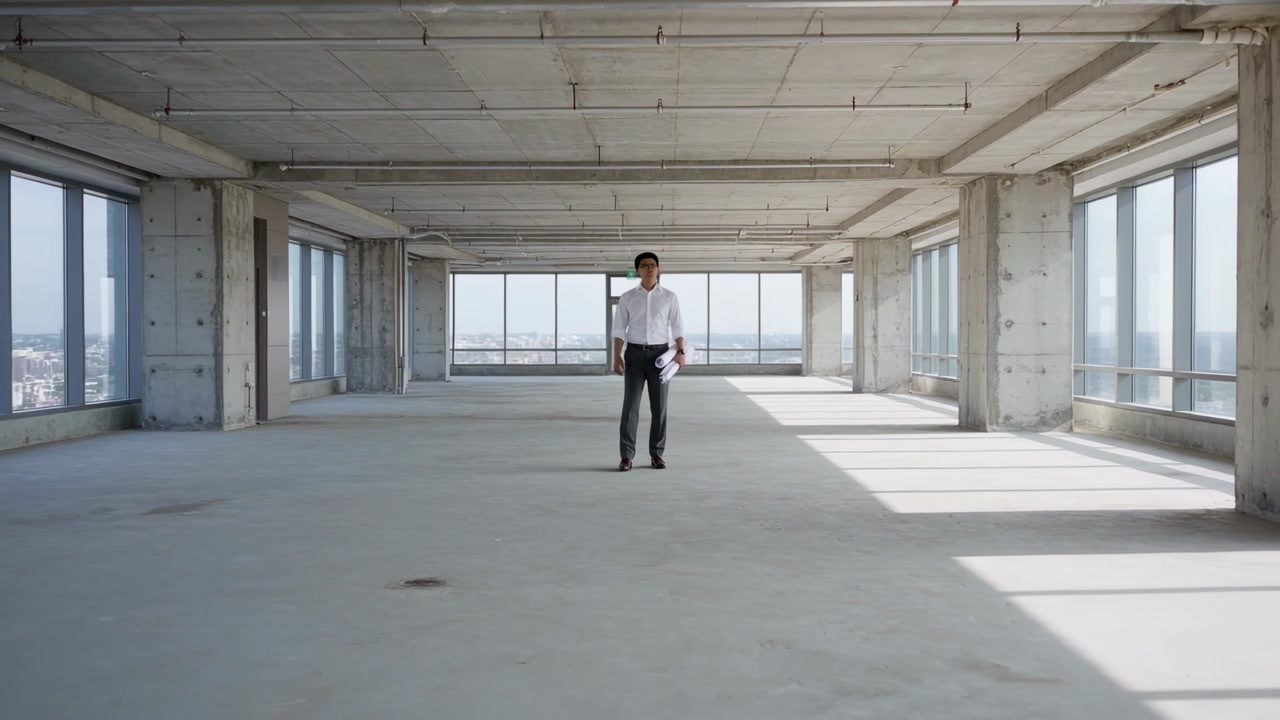 Surveying Asian man in white shirt, dark pants, holding plans and assessing light on highrise floor