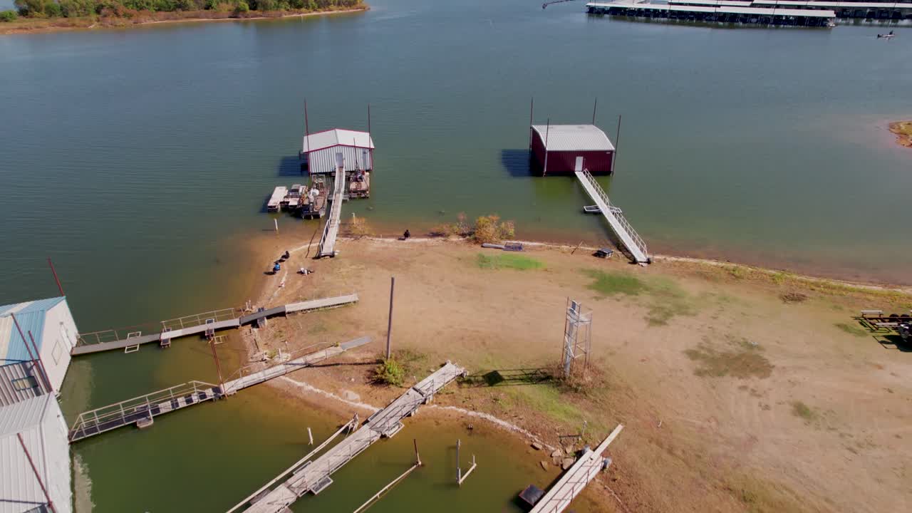 Aerial video of boat houses on Lake Lewisville in Texas
