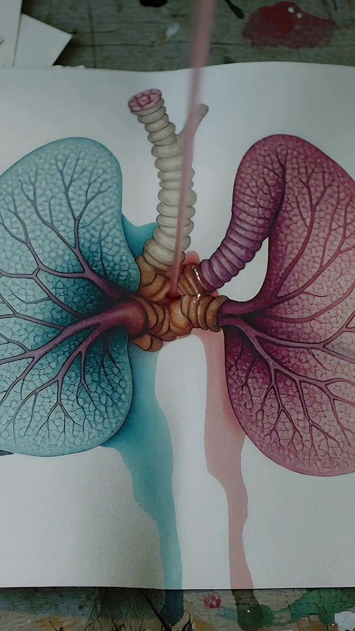 Video verticale: applicatore che cade rivestendo polmoni e trachea su un tavolo da lavoro, creando gocce blu e rosse
