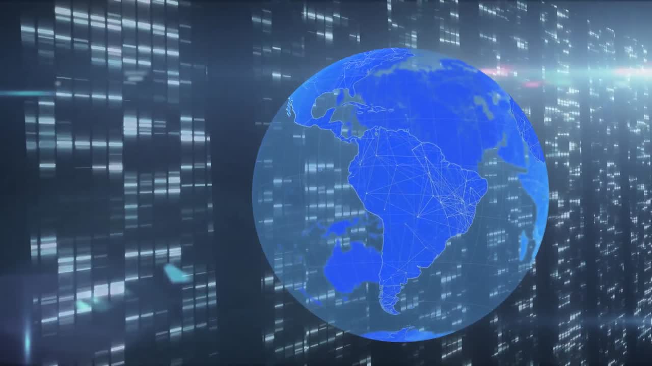 Animation of blue globe over data processing and digital information