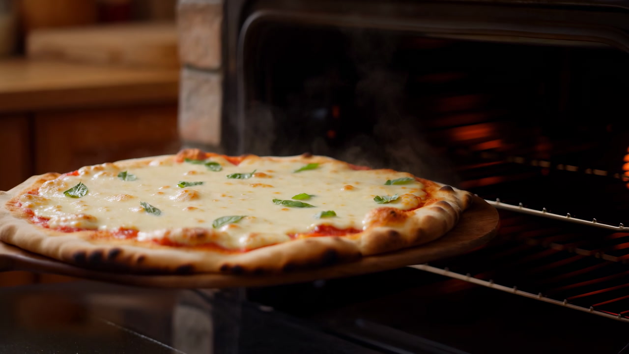 Fresh Pizza Baking In Oven, Cheese Melting And Basil Scattering Steam Rising From Stonecrust On Rack, Warm