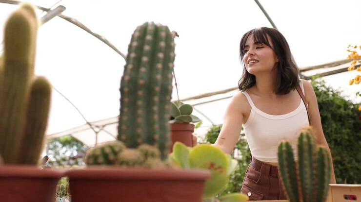 Smiling young female admiring cactus in greenhouse