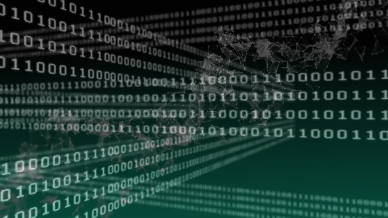 Opening with 3D binary grid receding, digits scrolling, wireframe pulsing, layering data flow