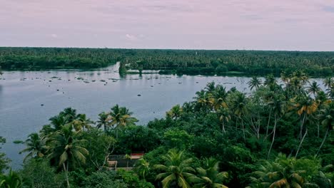 Aerial-view-of-a-lake-in-India-with-nearby-houses-and-green-trees,-An-overflowing-body-of-water-,Nearby-houses-,-Rural-beauty-of-Asia