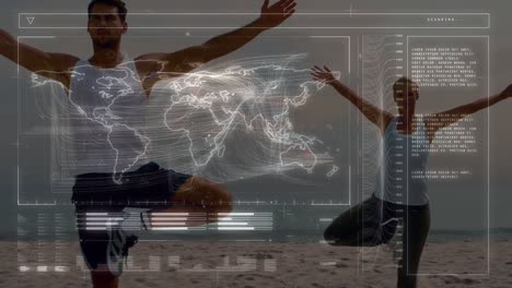 Animation-of-data-on-digital-screen-over-caucasian-man-and-woman-practicing-yoga-on-beach