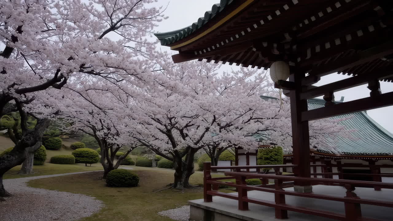 templo japonés con flores de cerezo