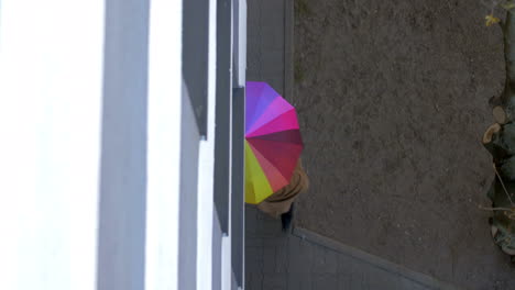 man and woman under colorful umbrella