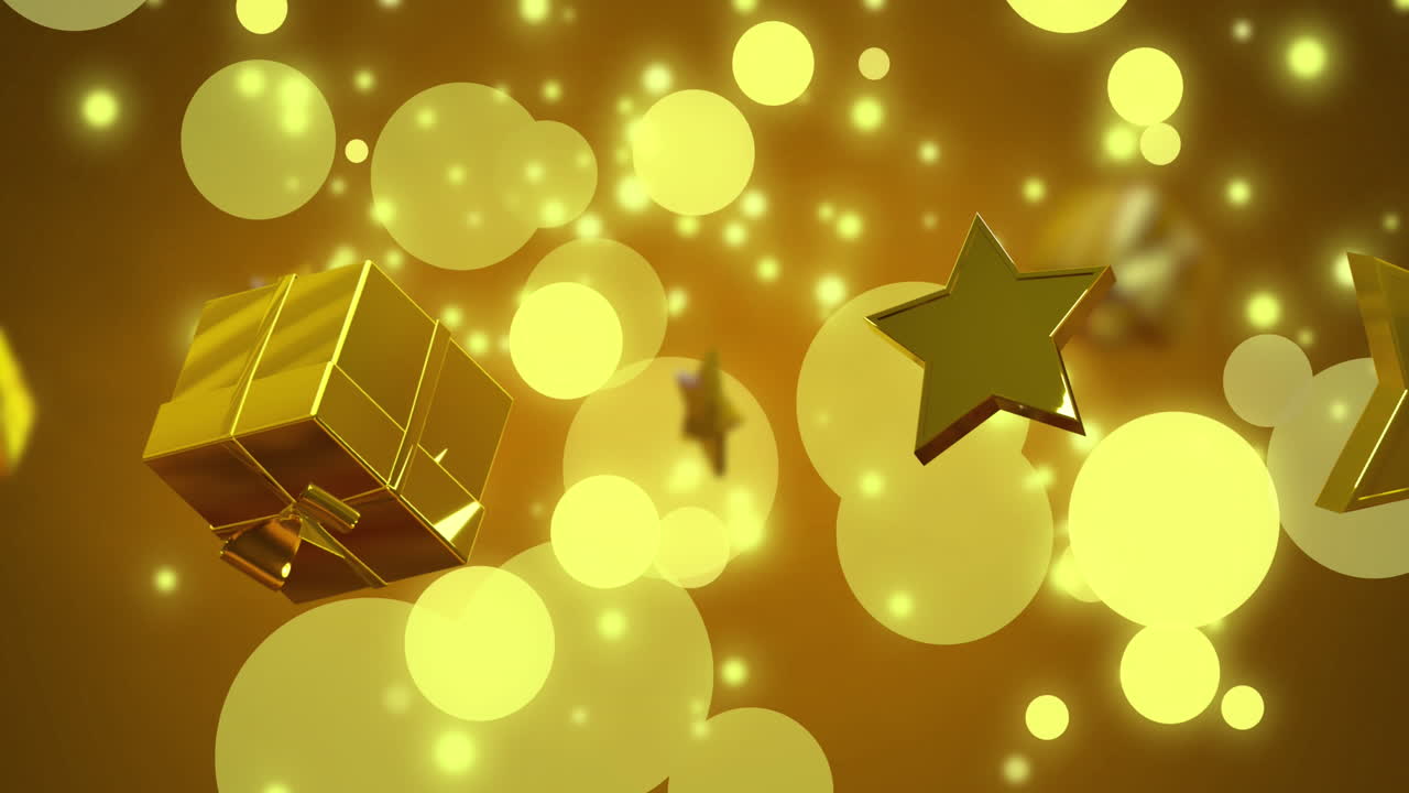 노란색 배경에 내리는 눈 위의 선물과 별의 애니메이션