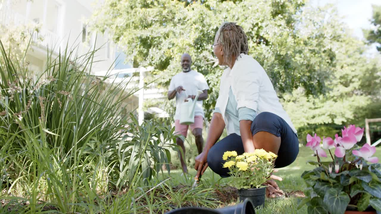 feliz pareja de ancianos afroamericanos jardinería en jardín soleado, cámara lenta