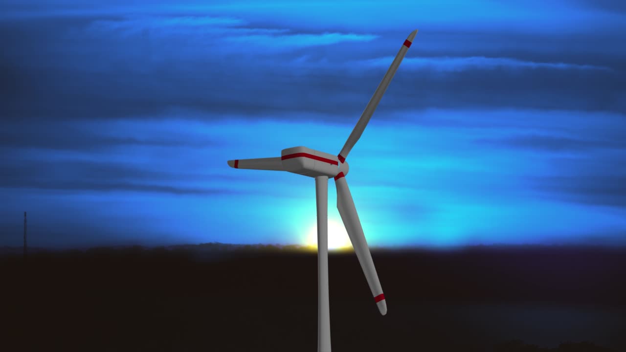 4k 루프 풍력 공장 기술 배경, 홀로그램, 풍력 터빈 녹색 에너지 개념