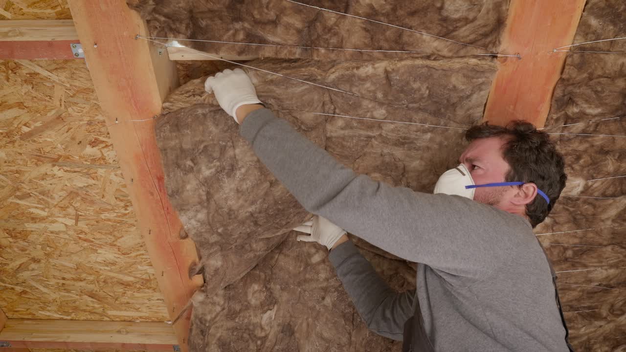 Close up view of a young white construction worker installing thick mineral wool insulation between rafters an ceiling joists, and fixing it in place with wires