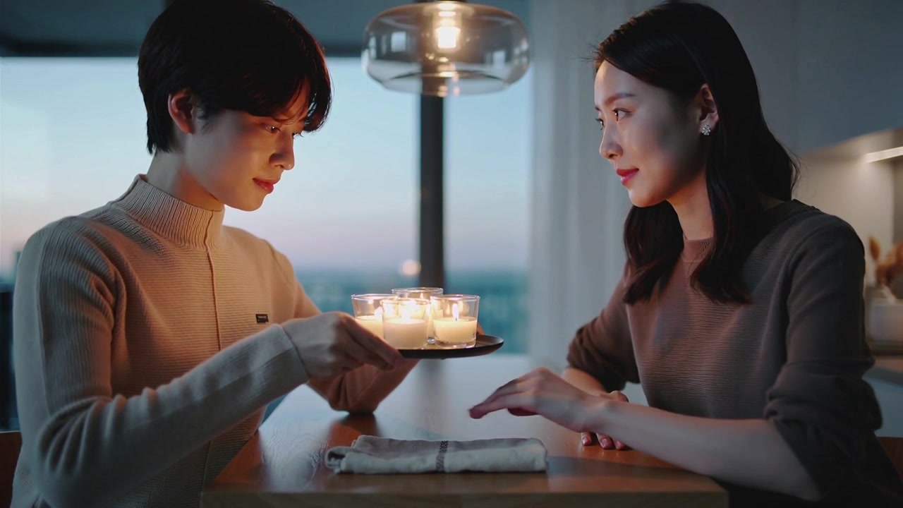 黄昏时分，一对人端着托盘，在高层公寓里摆放点燃的蜡烛，女人轻触毛巾，营造出温馨舒适的氛围。