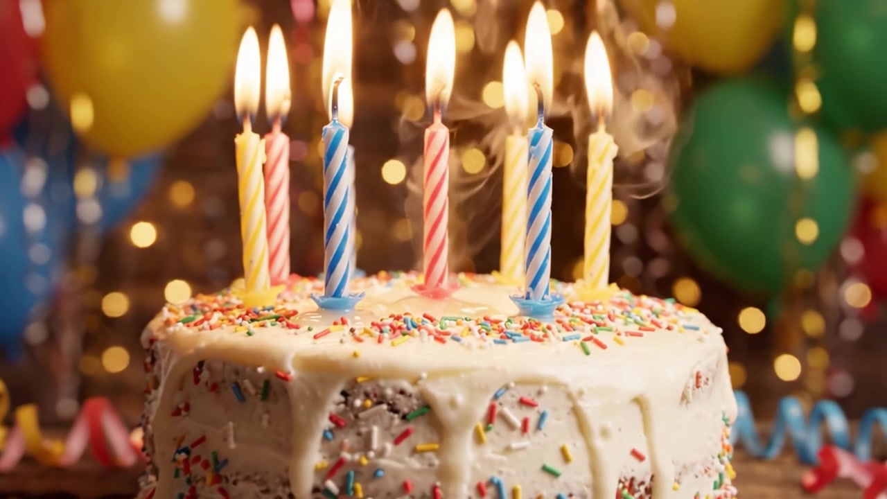 Una celebrazione festosa con una deliziosa torta di compleanno adornata con candeline colorate e zuccherini, circondata da palloncini allegri e decorazioni per la festa.