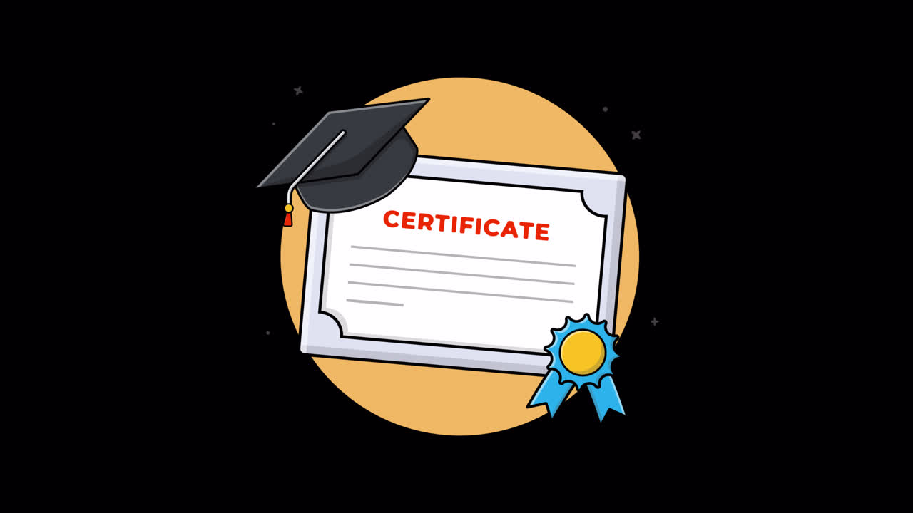 Animated Illustration of Certificate, Graduation Cap, and Ribbon