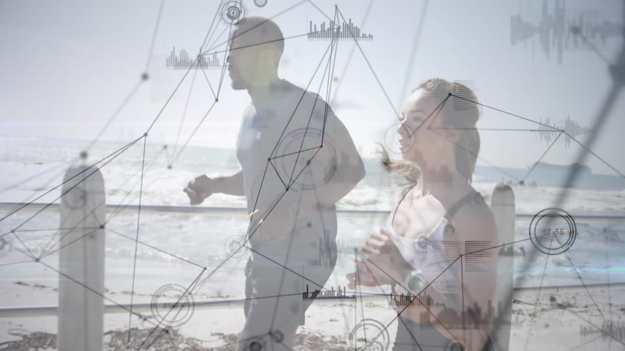 анимация сети соединений над женщиной и мужчиной, бегущими на открытом воздухе