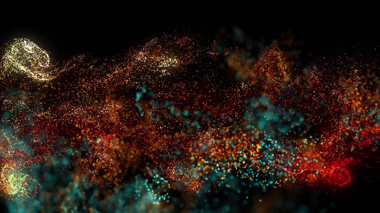 Animation of orange, blue and red particles moving on black background
